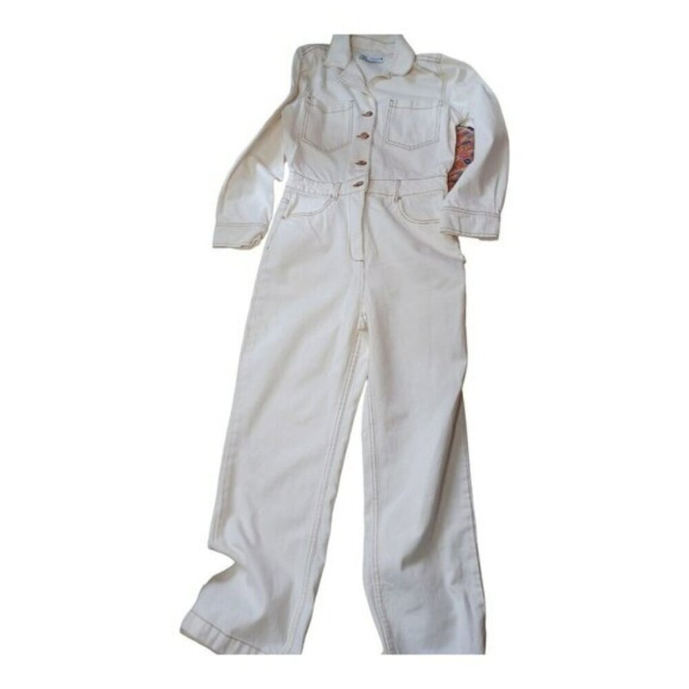 Zara Full Length Ivory Denim Jumpsuit Long Overall Size M Bloggers Favorite